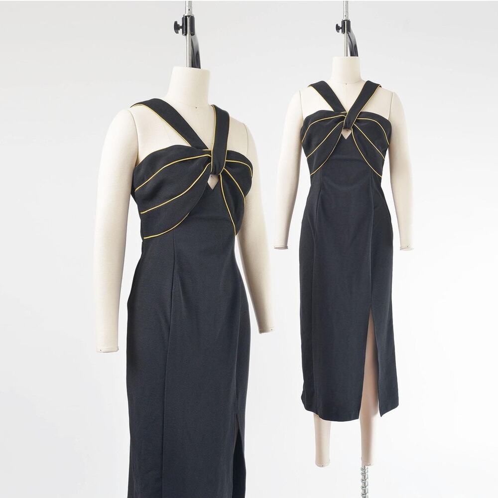 Vintage 90s Black Stretchy Bodycon Halter Neck Party Dress with Slit size M